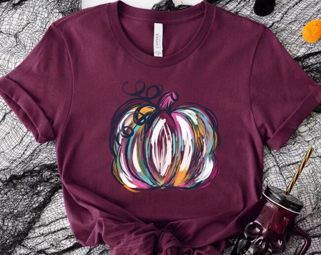 Watercolor Pumpkin T-shirt, Colorful Pumpkin Shirt, Watercolor Pumpkins, Halloween Shirt, Autumn Shirt, Cute Fall Shirt, Gift For Halloween 1